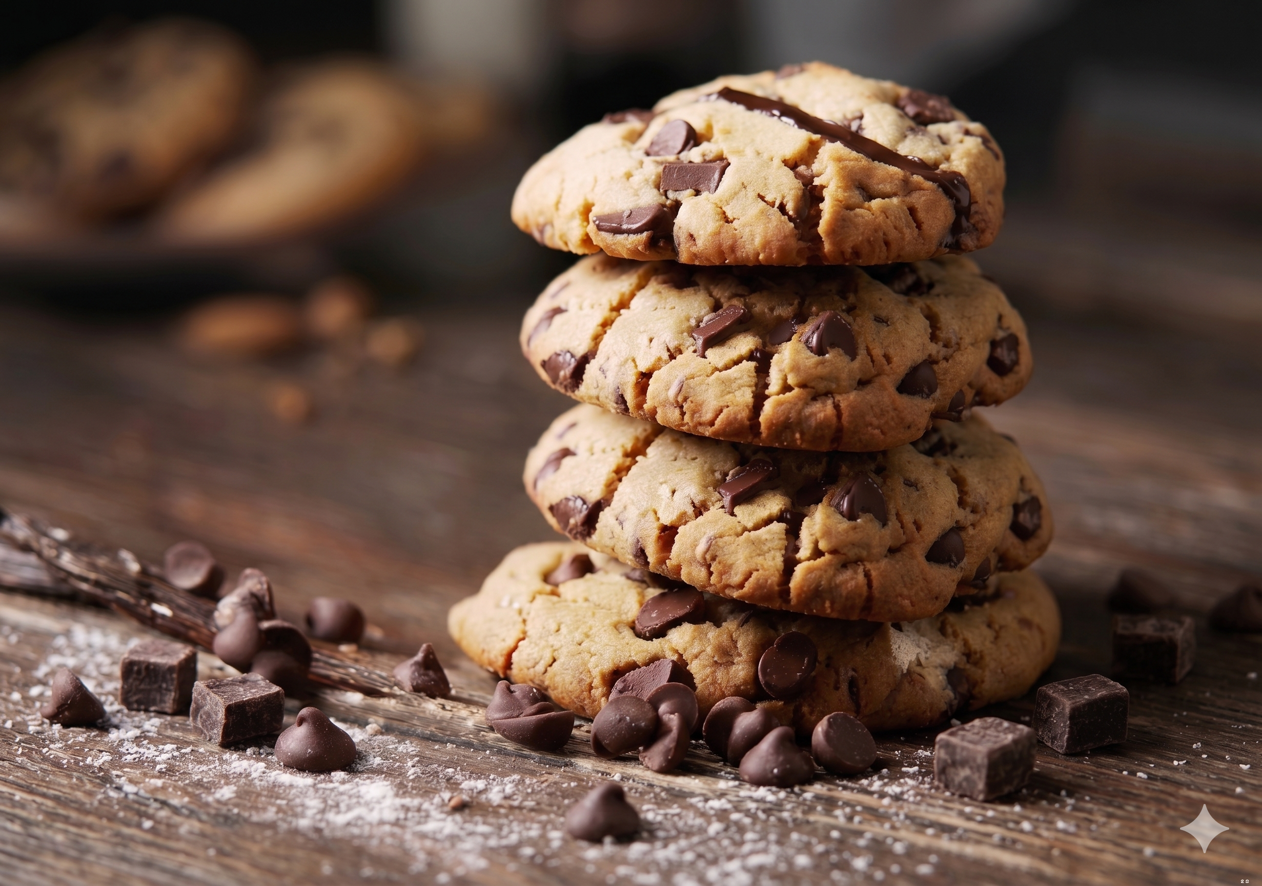 Pilha de cookies recém-assados com gotas de chocolate